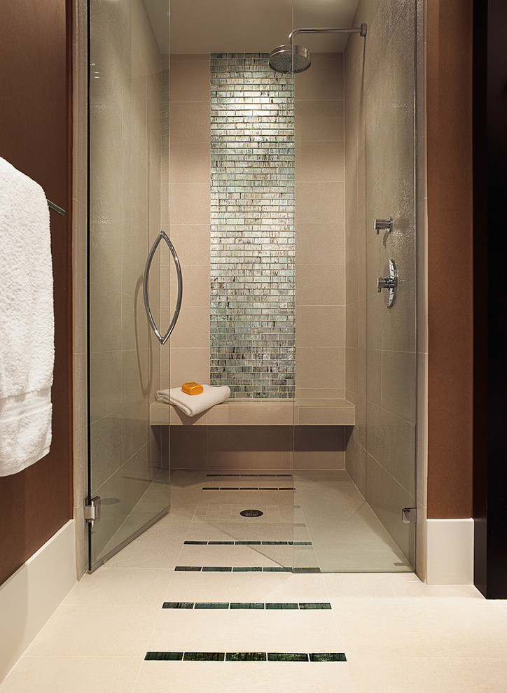 Design ideas for a mid-sized transitional 3/4 bathroom in Miami with flat-panel cabinets, black cabinets, a corner tub, an open shower, a one-piece toilet, multi-coloured tile, mosaic tile, beige walls, ceramic floors, a pedestal sink, tile benchtops, white floor and an open shower.