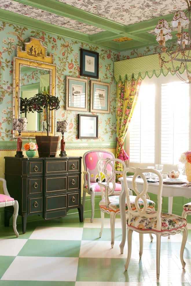 Inspiration for a traditional dining room in New York with multi-coloured walls.