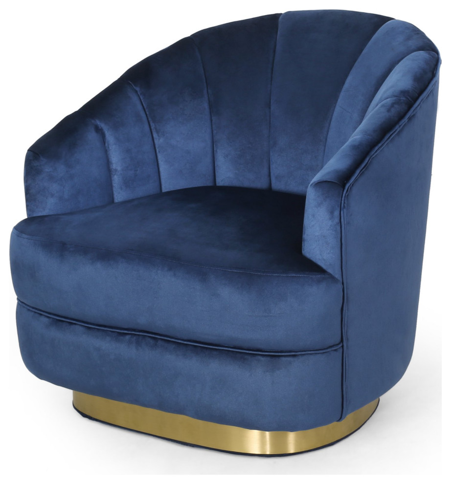 Contemporary Accent Chair, Blue Velvet Seat With Channel Stitched