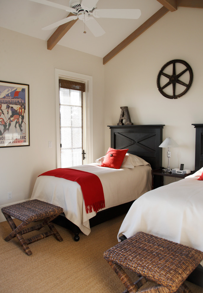 Design ideas for a traditional guest bedroom in Portland Maine with beige walls and carpet.