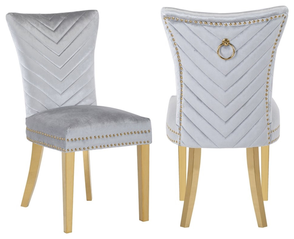 Eva 2 Piece Gold Legs Dining Chairs Finished with Velvet Fabric in Silver Contemporary