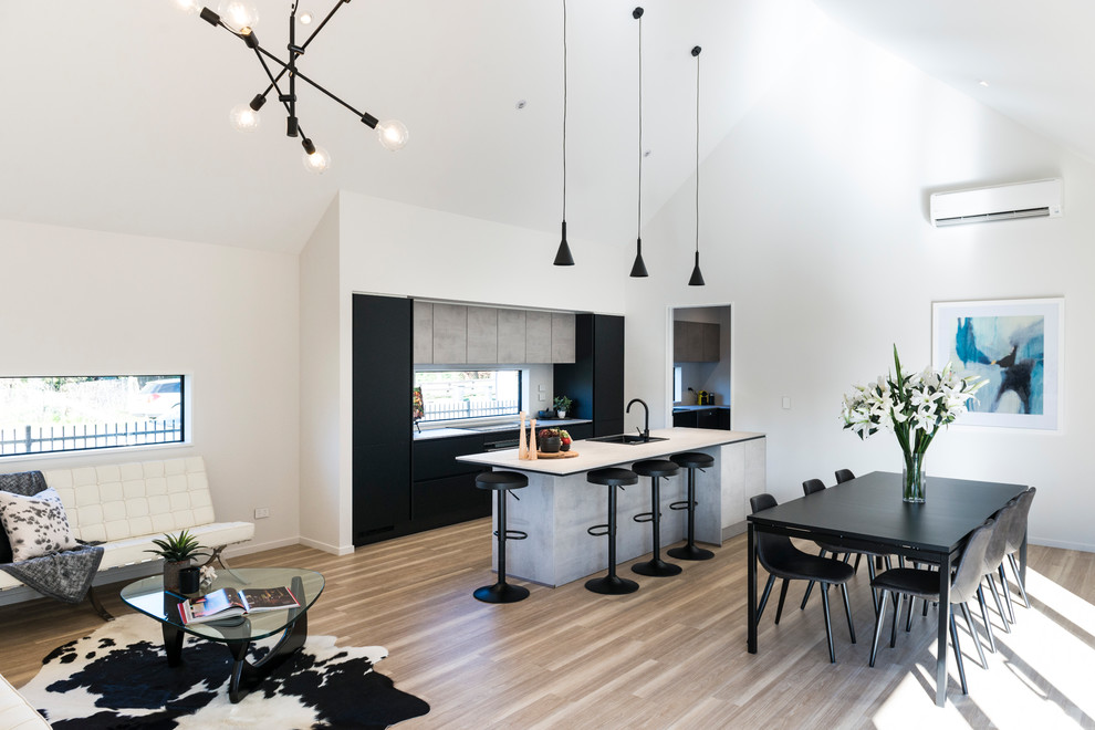 Mid-sized modern galley kitchen pantry in Christchurch with a drop-in sink, flat-panel cabinets, black cabinets, laminate benchtops, white splashback, window splashback, stainless steel appliances, laminate floors, with island and brown floor.