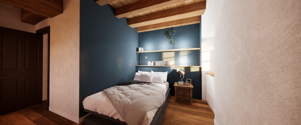 Idee per una camera da letto eclettica di medie dimensioni con pareti blu, pavimento in legno massello medio, nessun camino, pavimento marrone e travi a vista