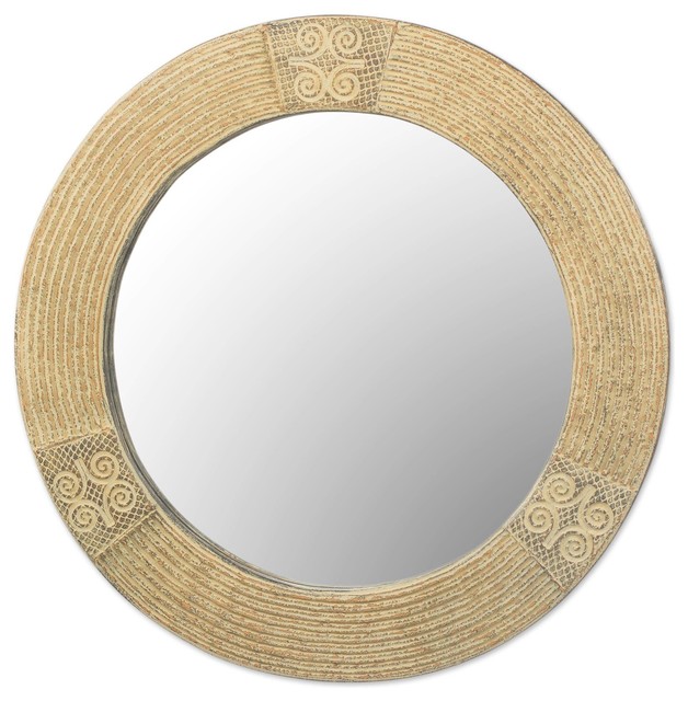 Round Adiram Wood Wall Mirror, Ghana Traditional Wall Mirrors by