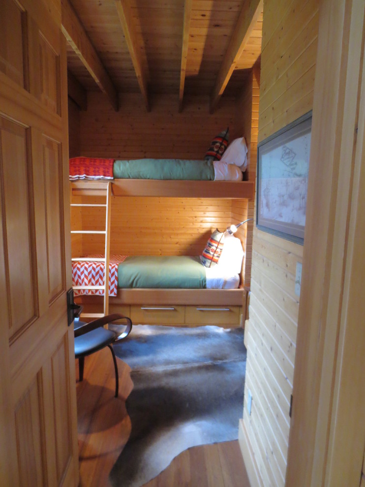 This is an example of a small country loft-style bedroom in Boise with medium hardwood floors and no fireplace.
