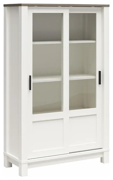 Farmhouse Bookcase, Elegant Design With Windowpane Sliding Door, White/Brown Oak