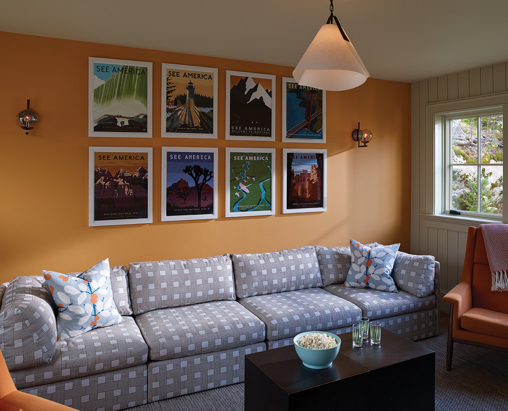 Beach style family room in Portland Maine with orange walls.