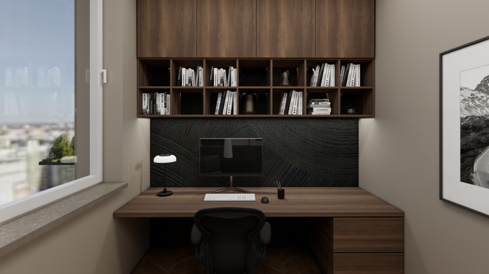 Immagine di un piccolo ufficio contemporaneo con pareti grigie, scrivania incassata e carta da parati