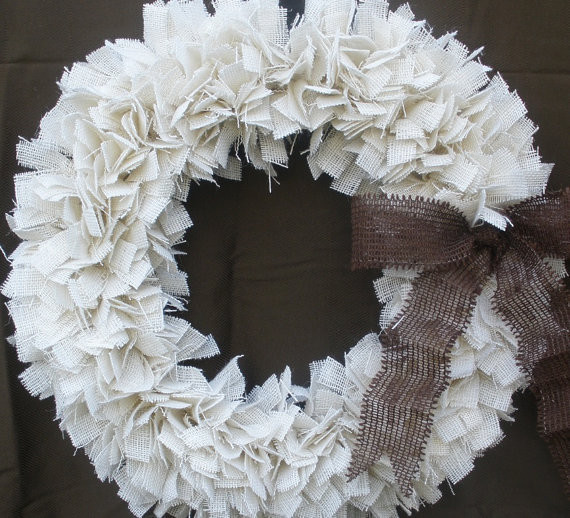 Burlap Christmas Wreath, White/Brown by The Slanted Barn