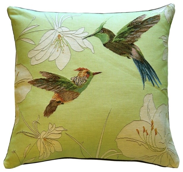 Pillow Decor - Hummingbirds Green French Tapestry Throw Pillow