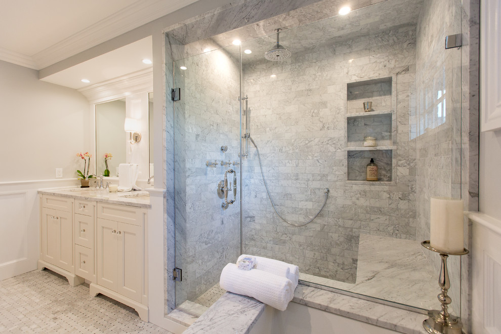 Design ideas for a large contemporary master bathroom in New York with furniture-like cabinets, white cabinets, an alcove shower, a one-piece toilet, grey walls, ceramic floors, an undermount sink, quartzite benchtops and an undermount tub.