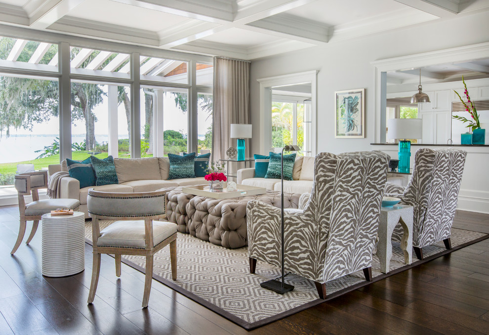 Inspiration for a beach style living room in Jacksonville with grey walls and dark hardwood floors.