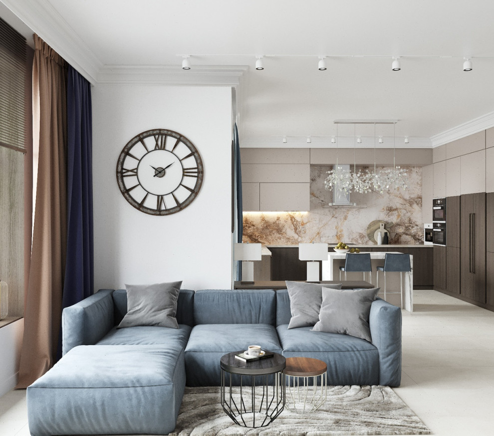 Просторная светлая кухня-гостиная 54м2 для молодой пары