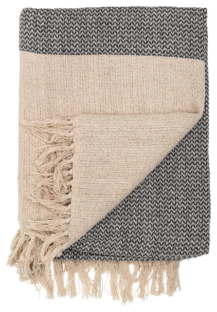 Soft Cotton Blend Knit Throw with Fringe, Grey and Cream