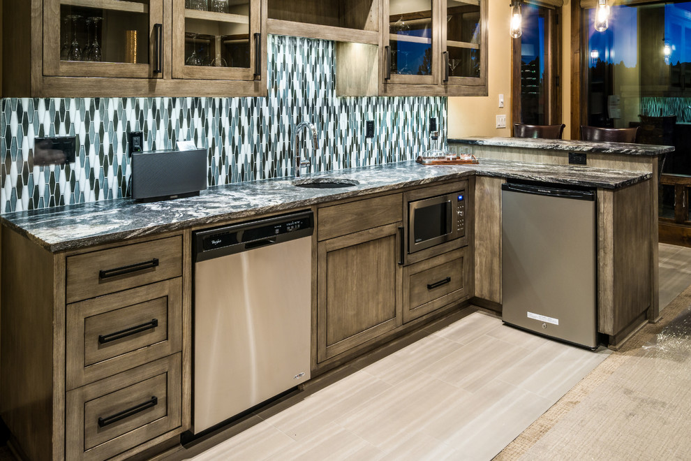 This is an example of a mid-sized asian l-shaped wet bar in Other with an undermount sink, beaded inset cabinets, medium wood cabinets, granite benchtops, glass tile splashback and ceramic floors.