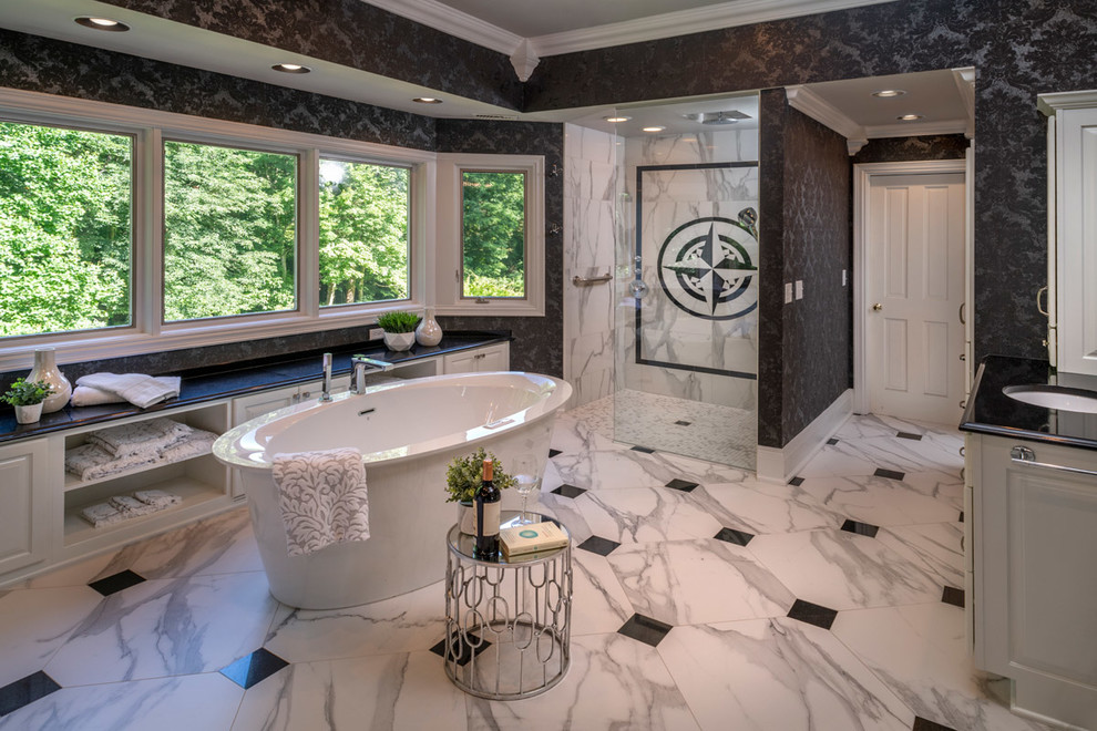 This is an example of a large traditional master bathroom in Other with raised-panel cabinets, white cabinets, a freestanding tub, a double shower, a two-piece toilet, black and white tile, porcelain tile, black walls, porcelain floors, an undermount sink, quartzite benchtops, white floor, a hinged shower door and black benchtops.