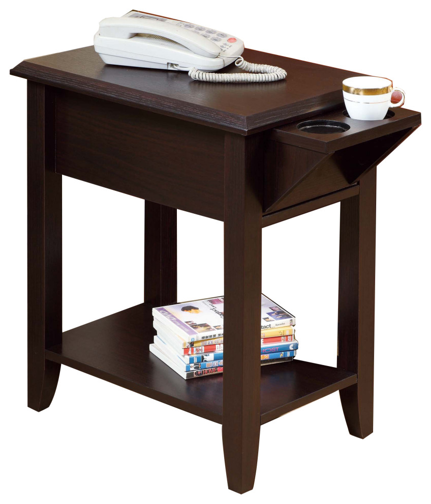 Wooden Chairside Table With Two Cup Holders, Red Cocoa Brown