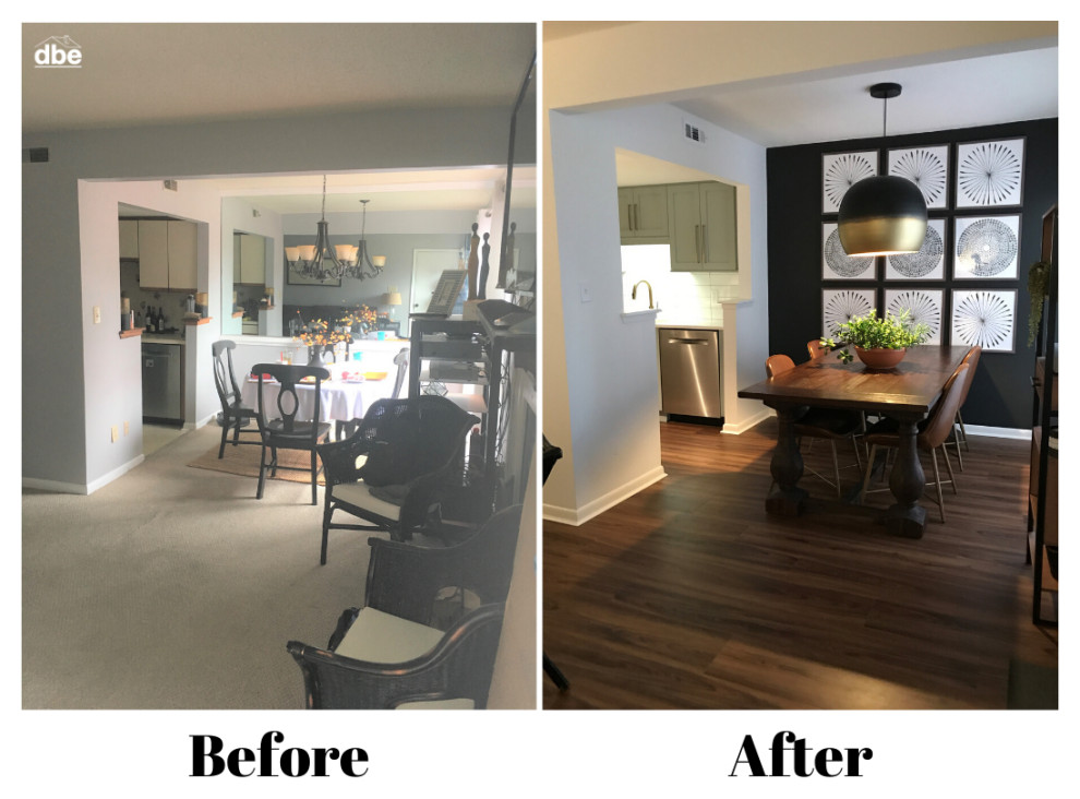 Small transitional galley vinyl floor and brown floor kitchen photo with a farmhouse sink, shaker cabinets, blue cabinets, quartz countertops, white backsplash, subway tile backsplash, stainless steel appliances, no island and white countertops