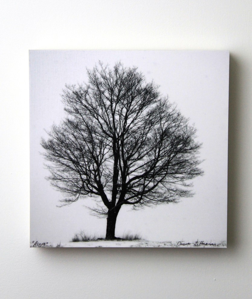 Alone, Wood Panel, Black and White Tree, Original, Mixed Media