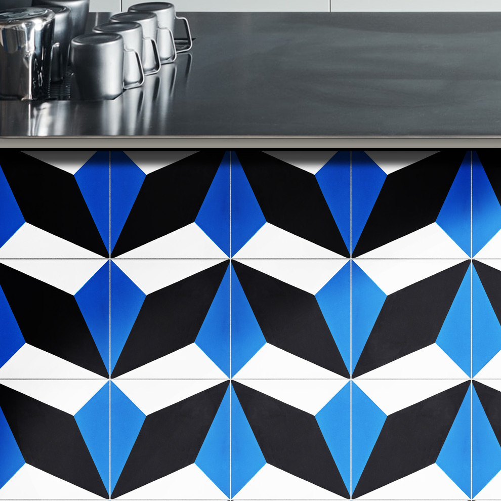 8"x8" Diamond Handmade Cement Tile, Black/Blue, Set of 12