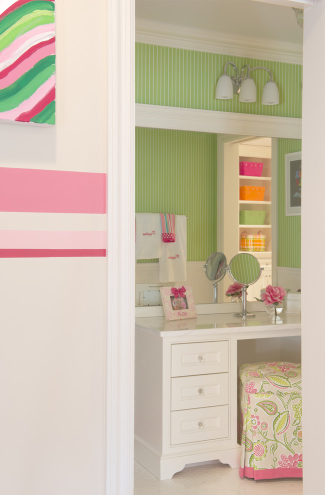 Large contemporary teen room in New York with multi-coloured walls and carpet for girls.