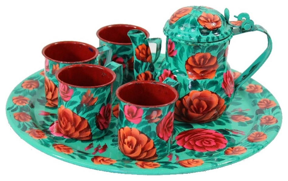 Natural Geo Turquoise Floral 6 Piece Decorative Steel Tea Set Contemporary Tea Sets by