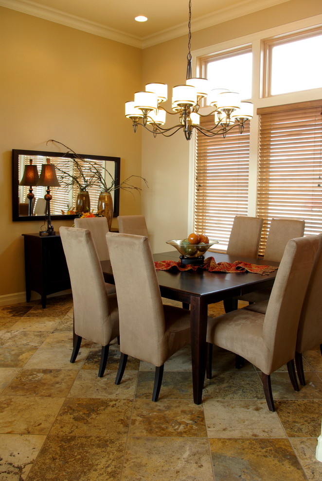Huge transitional travertine floor kitchen/dining room combo photo in Seattle with white walls