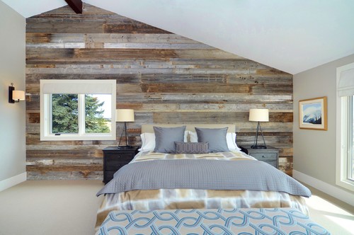 contemporary style bedroom with wooden plank wall