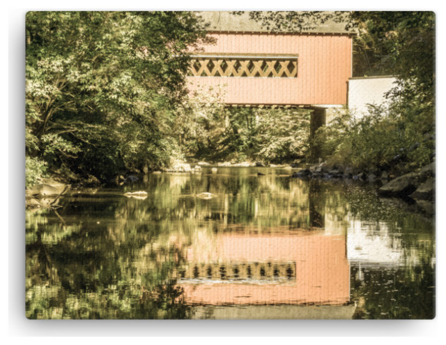 The Reflection of Wooddale Covered Bridge Aged Canvas Wall Art Print, 12" X 16"