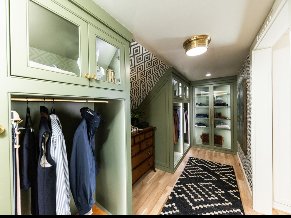 Photo of a small classic walk-in wardrobe for men in Dallas with beaded cabinets, green cabinets, light hardwood flooring and beige floors.
