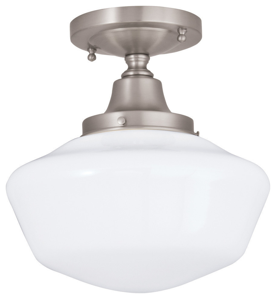 Schoolhouse Flush Mount 100Light, Brush Nickel With Shiny Opal Glass