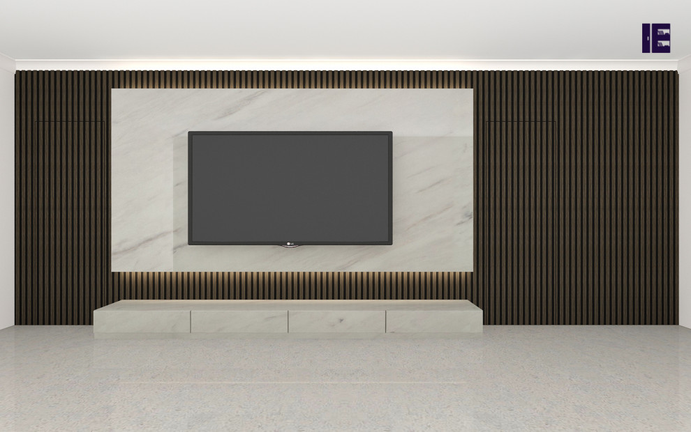 Inspiration för ett stort funkis avskild hemmabio, med en väggmonterad TV