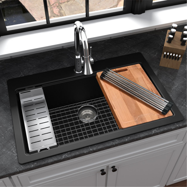 Karran Top Mount 33" Single Bowl Quartz Workstation Kitchen Sink, Black