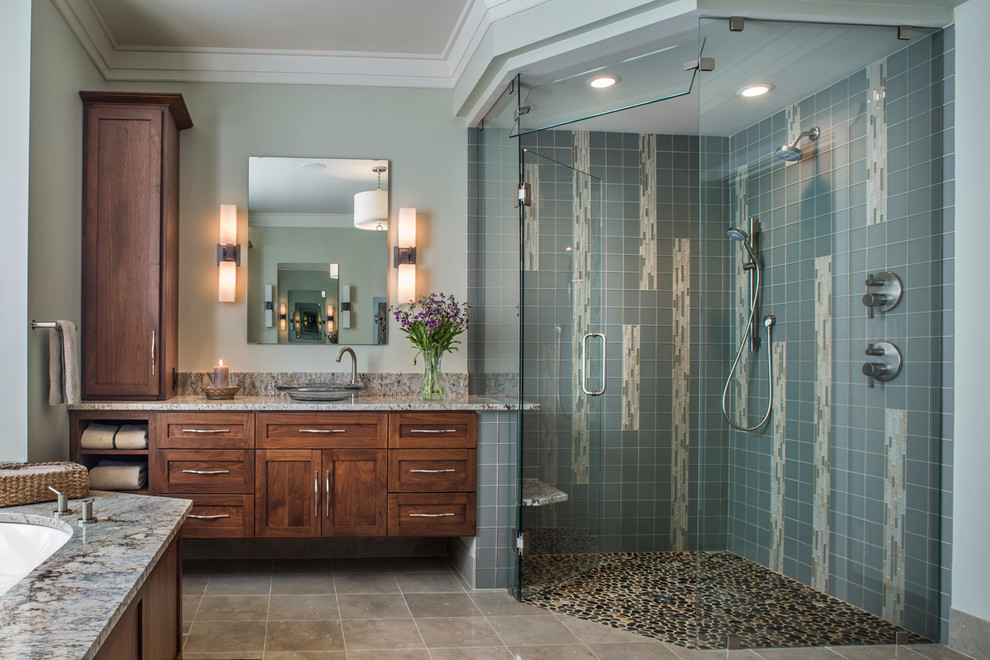 Inspiration for a large transitional master bathroom in Other with an undermount tub, ceramic floors, marble benchtops, shaker cabinets, dark wood cabinets, a corner shower, blue tile, multi-coloured tile, a vessel sink and a hinged shower door.