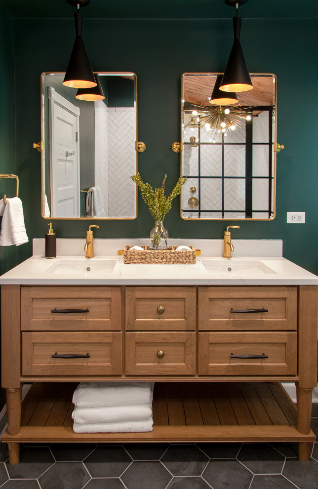 Design ideas for a mid-sized midcentury master wet room bathroom in Chicago with shaker cabinets, brown cabinets, a freestanding tub, white tile, porcelain tile, green walls, porcelain floors, quartzite benchtops, black floor, an open shower, white benchtops, a shower seat, a double vanity, a freestanding vanity and wood.