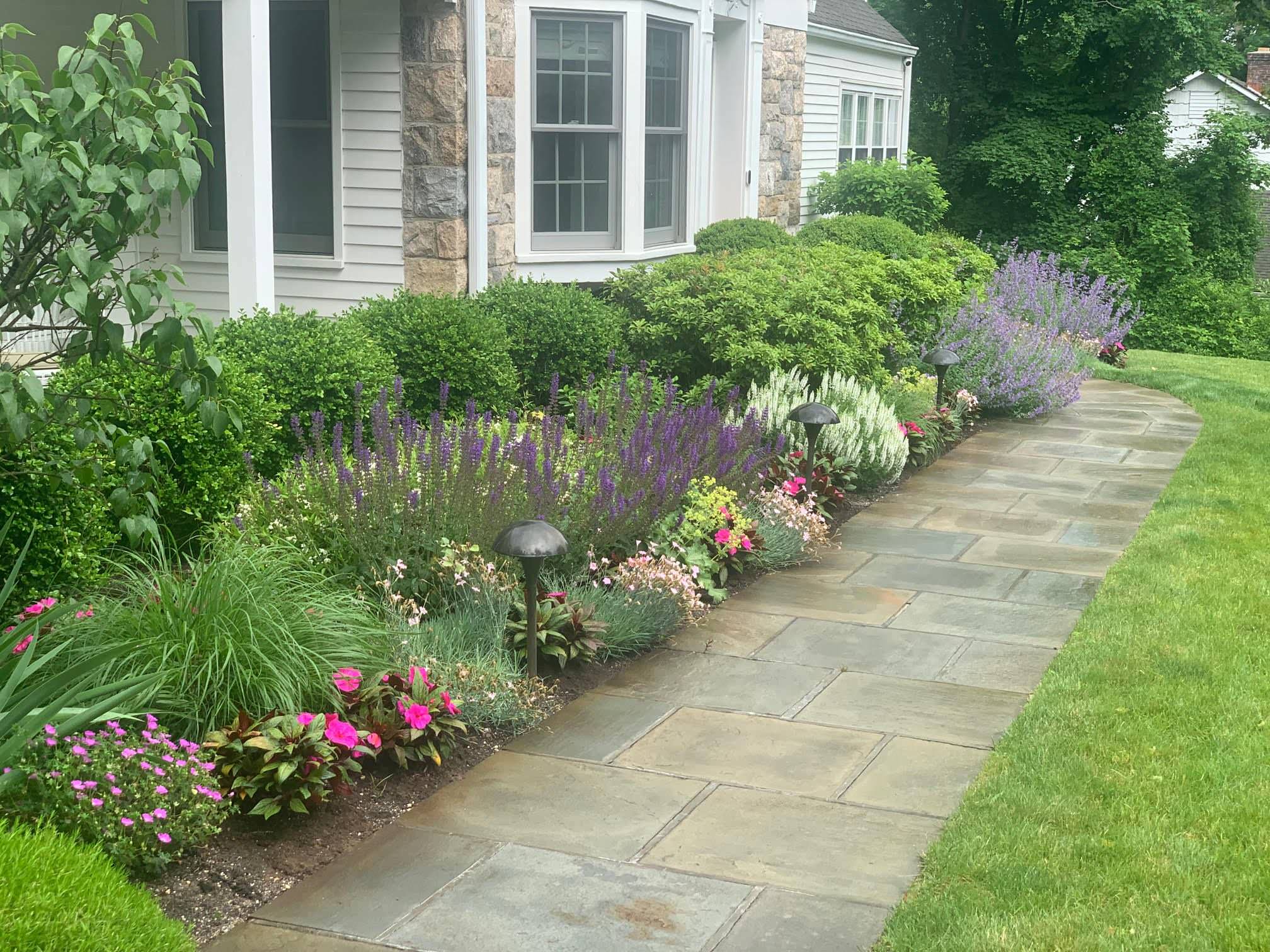 Foundation Perennials heading the the front door by Peter Atkins and Associates
