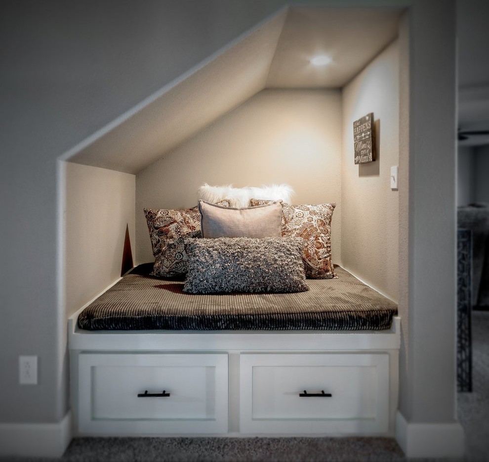 Inspiration for a mid-sized transitional dark wood floor and gray floor bedroom remodel with gray walls and no fireplace