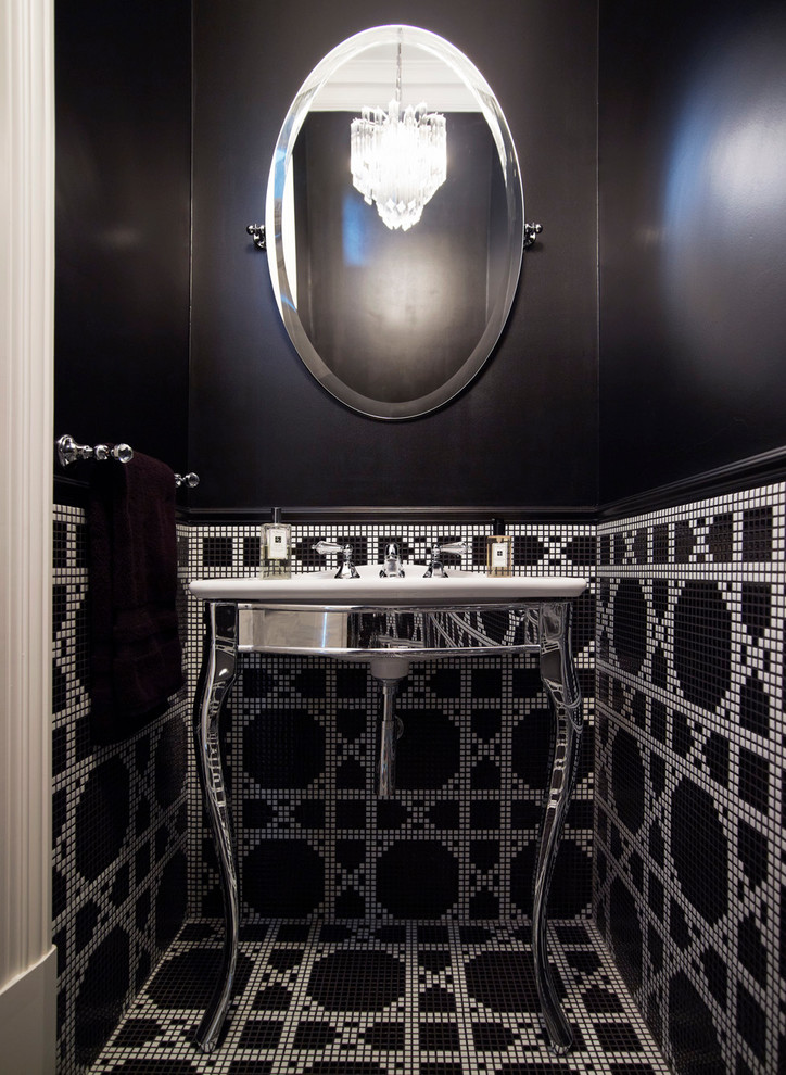 Design ideas for a traditional powder room in Sydney with a console sink, black walls and black and white tile.