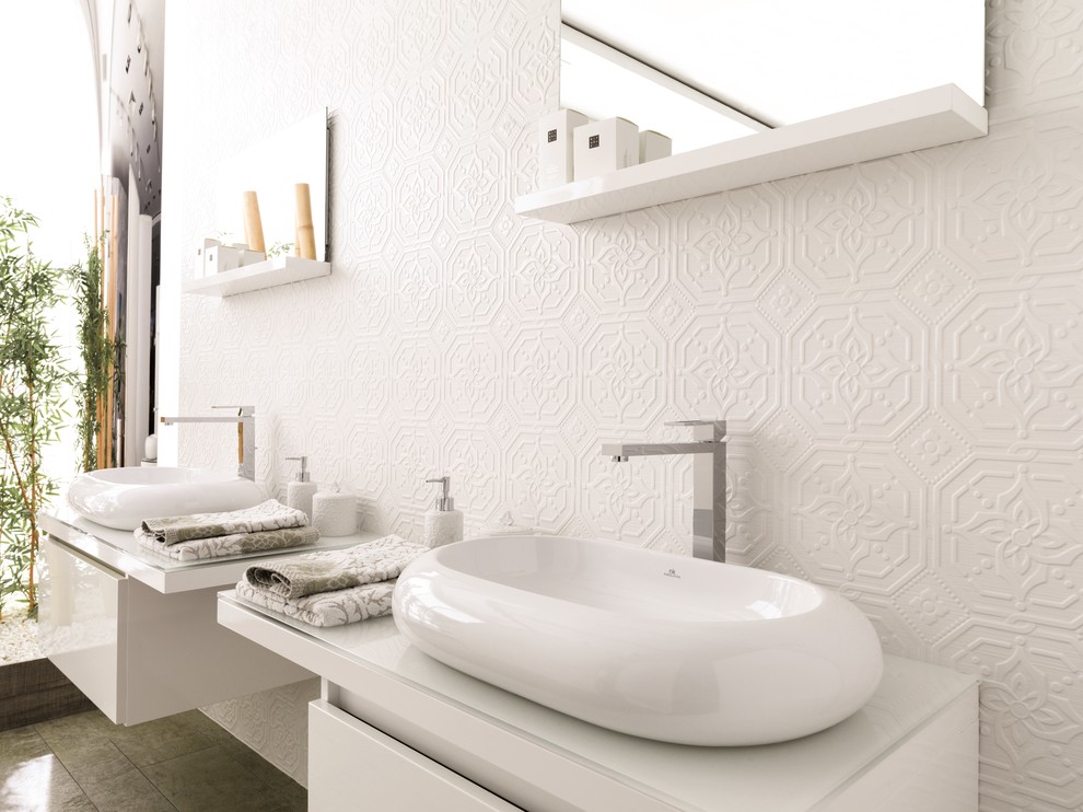 Contemporary bathroom in Perth with white tile, ceramic tile, white walls, porcelain floors, a vessel sink, glass benchtops, flat-panel cabinets and white cabinets.