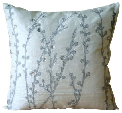 Cover Only Gold Tone Base with Green Vine and Mauve Flower 17x17 Silk Embroidery Pillows