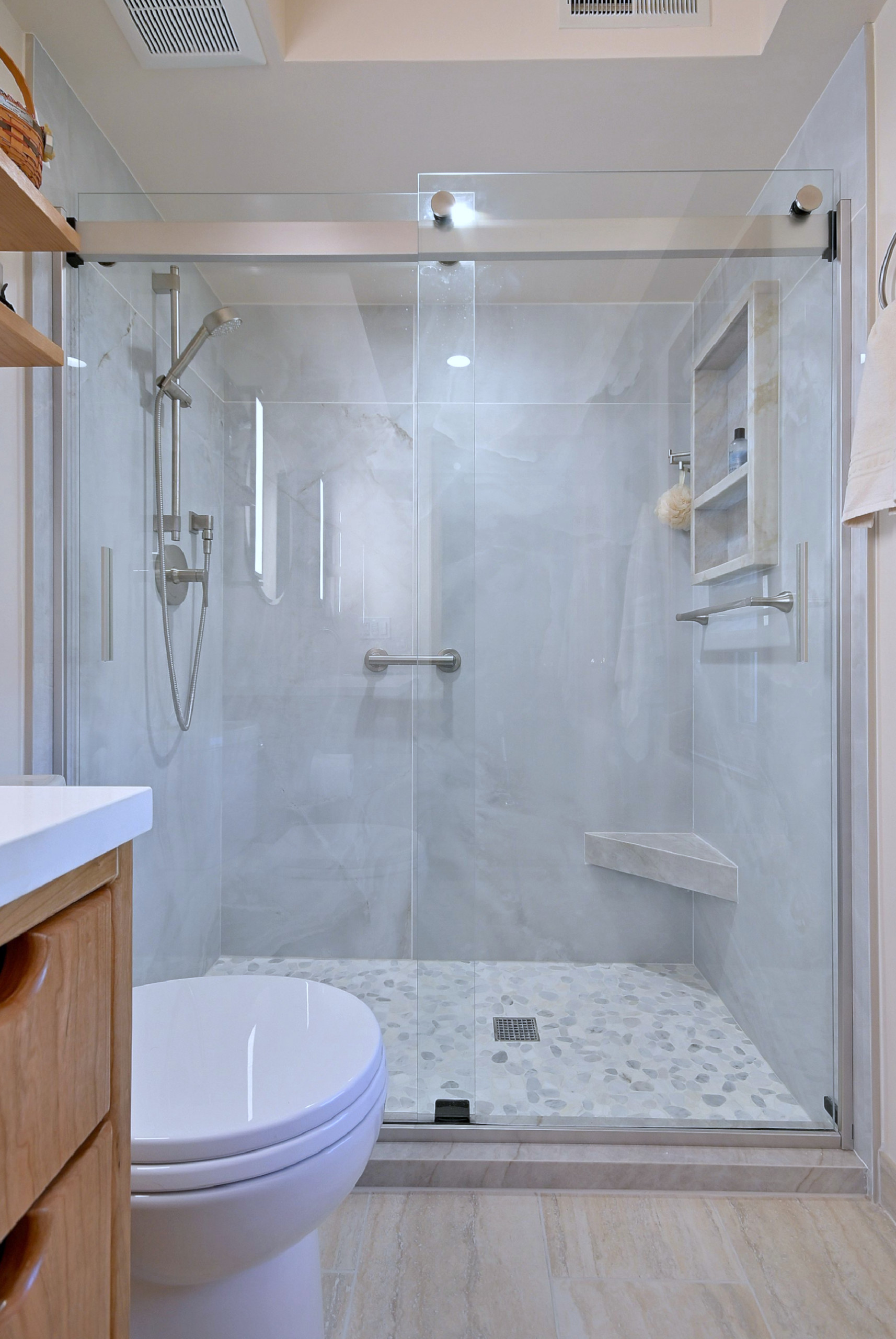 Modern Mid-Century Bathroom Remodel with Warm Wood Custom Vanity