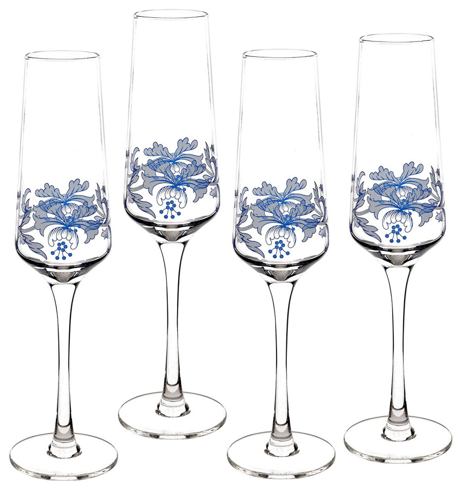 Spode Blue Italian Glassware Champagne Flutes, Set of 4