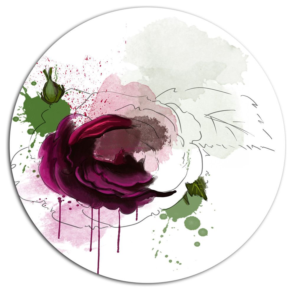 Purple Rose Sketch Watercolor, Modern Floral Disc Metal Wall Art, 36"