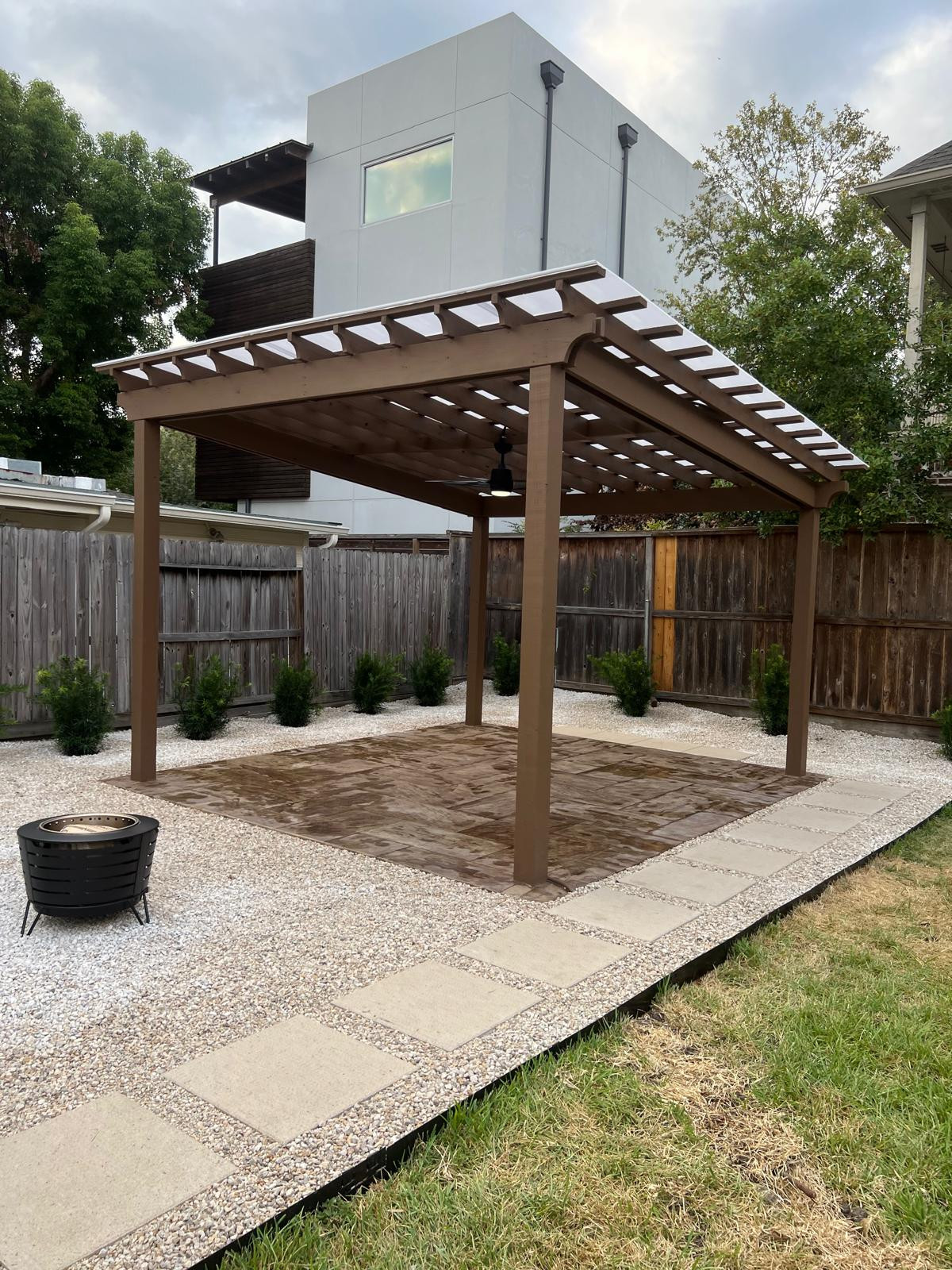 Beautiful stamped concrete patio with Pergola Cover on Haddon st!
