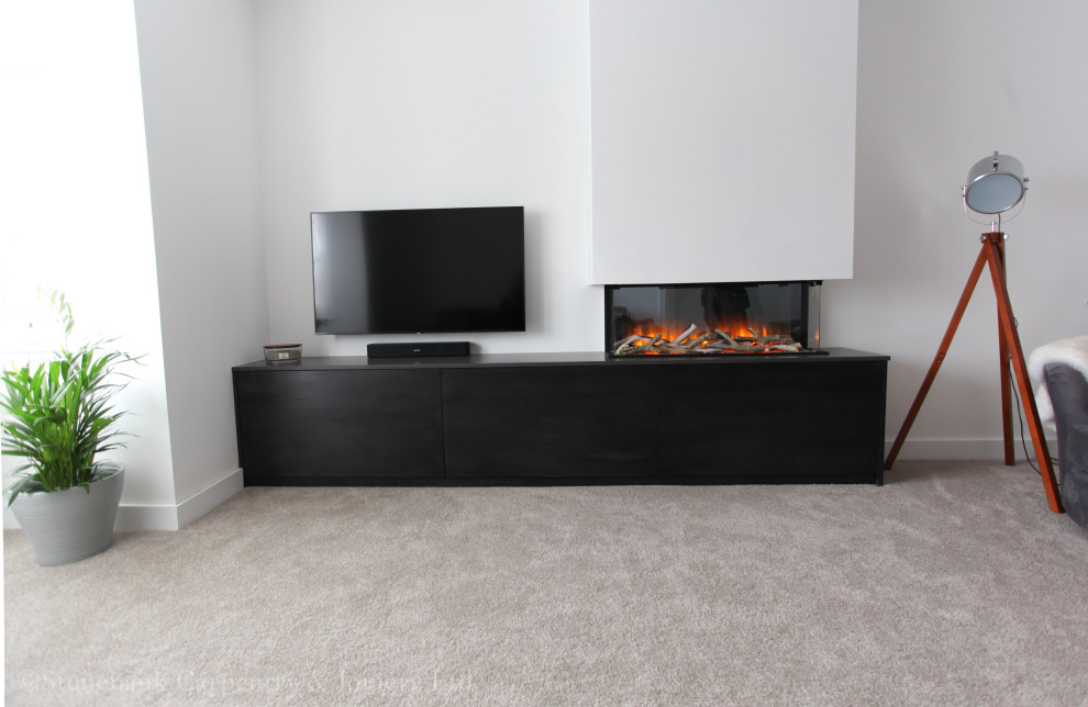 Example of a mid-sized trendy carpeted living room design in Other with a ribbon fireplace, a shiplap fireplace and a media wall