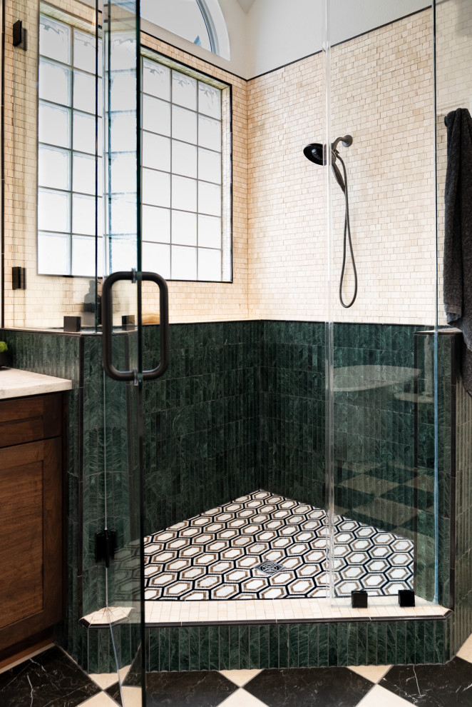 Example of a mid-sized transitional master green tile and marble tile marble floor, black floor and double-sink freestanding bathtub design in Austin with shaker cabinets, dark wood cabinets, white walls, an undermount sink, quartz countertops, a hinged shower door, white countertops and a built-in vanity