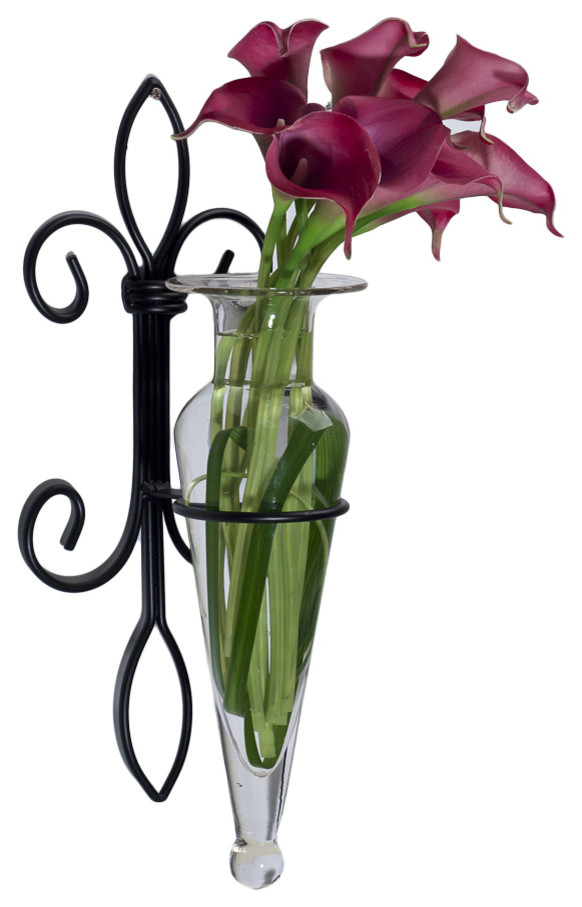 Wall Hanging Amphora Flower Vase Sconce on Fleur Lys Iron Stand