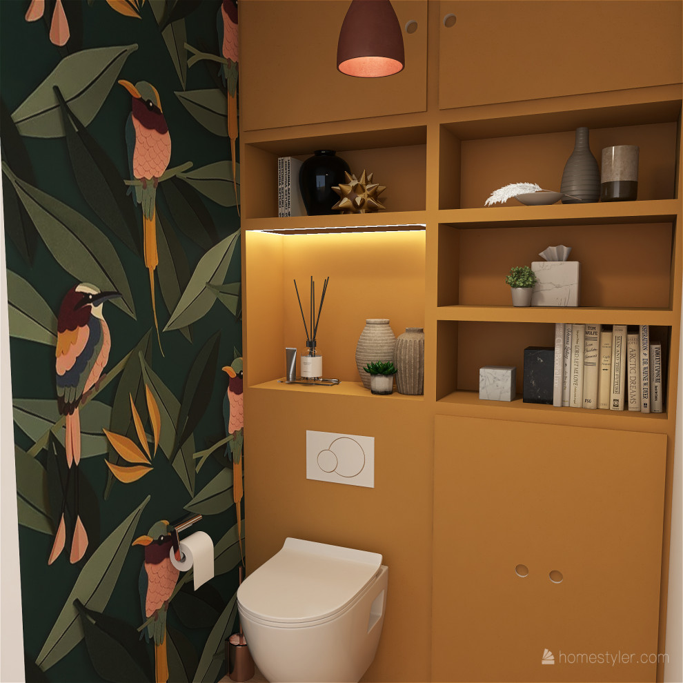 Inspiration pour un WC et toilettes minimaliste de taille moyenne avec un placard à porte affleurante, des portes de placard jaunes, un lavabo suspendu, meuble-lavabo sur pied et du papier peint.