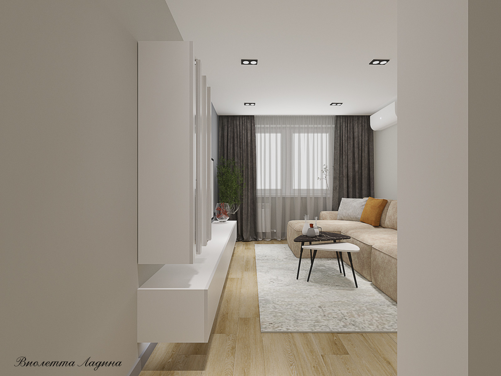 Трешка в панельном доме в современном стиле с голубым акцентом.