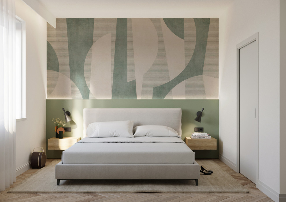 Design ideas for a mid-sized contemporary master bedroom with light hardwood floors, recessed, green walls and wallpaper.